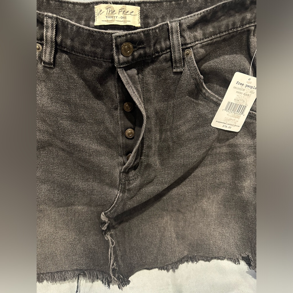New Free People Distressed A-Line Denim Skirt Size 31 Nwt Faded Black Jean